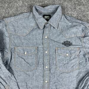 Key Work Shirt Mens L Blue Chambray Denim Long Sleeve Western Pearl